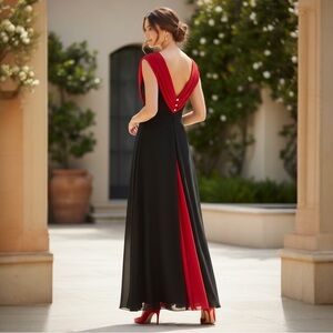 Meghan Elegant Black and Red Chiffon Evening Gown Open-Back Formal Gown